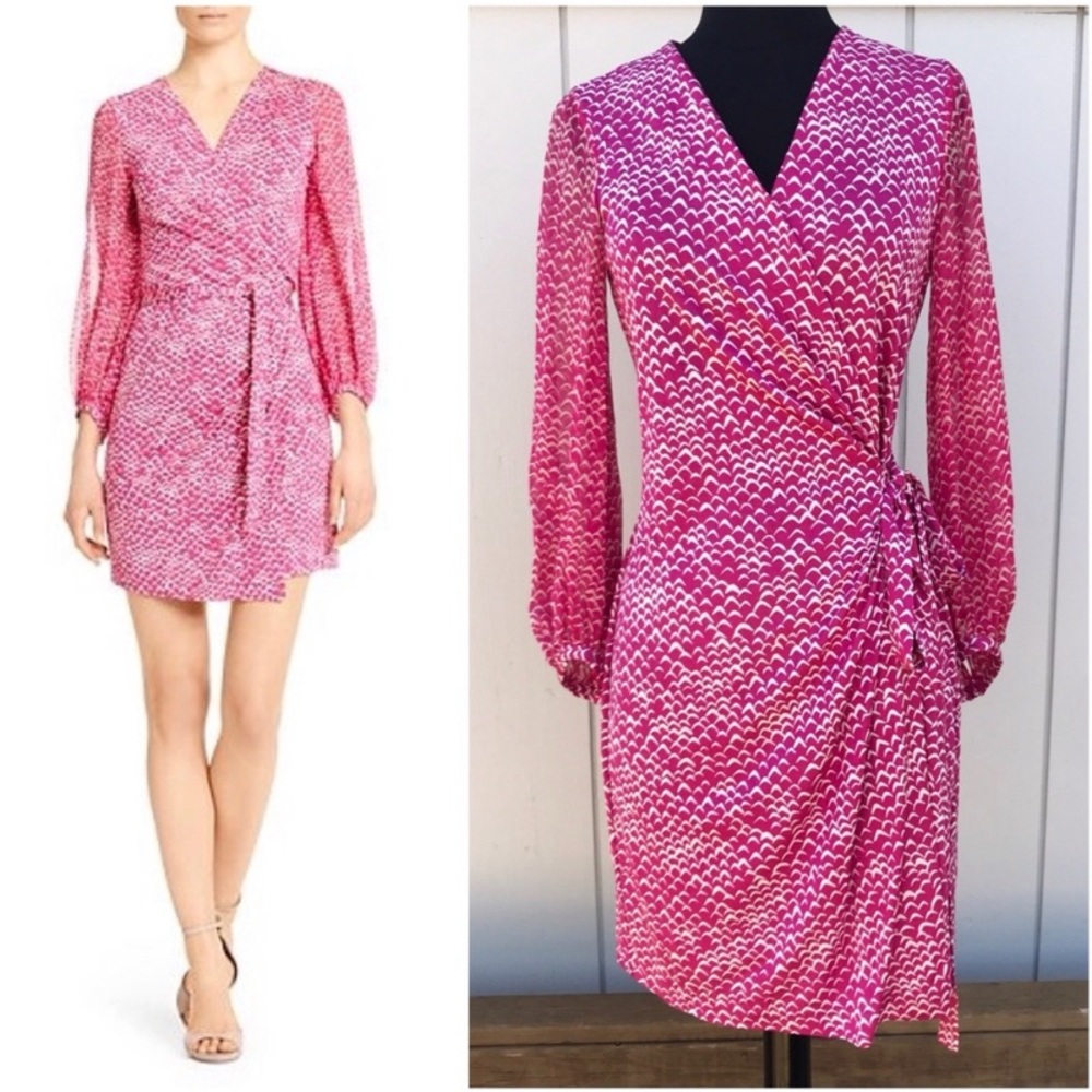 Diane Von Furstenberg Women's Pink Printed Wrap Dress 100% silk size 10